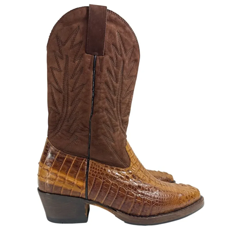 Men’s Custom Made Western Cowboy Boots Croc Embossed Leather Brown US 9.5 New